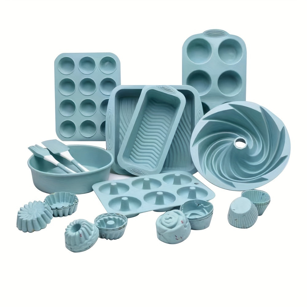 33 pieces of Silicone Baking Pan Set including Cake Pan, Muffin Pan, Cupcake Cups, and other Baking Tools, Kitchen Gadgets, and Accessories.