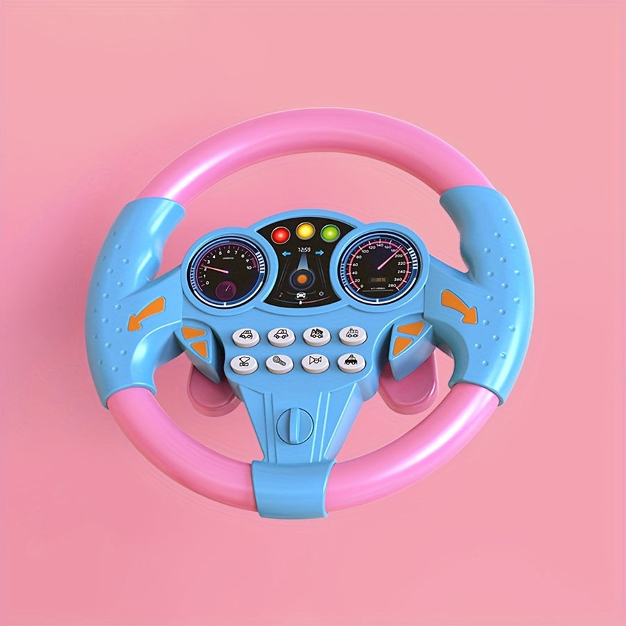 Kids simulated driving controller with interactive car steering wheel toy made of ABS resin in assorted colors, no batteries included. Great educational activity gift.