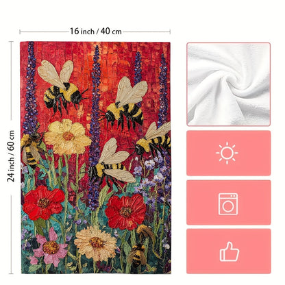 The set includes two kitchen towels with a vibrant design of bees in a flower garden. These ultra-soft towels are highly absorbent and perfect for holiday decorating. They are machine washable and measure 40.64X60.96 cm.