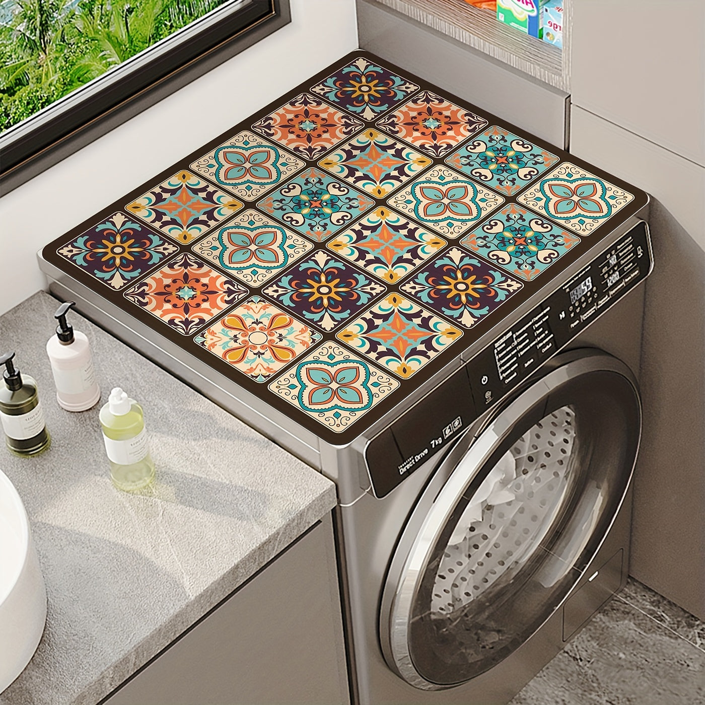 One piece Mandala Vintage Plaid Print Dust Cover for Washing Machine and Dryer. Measures 50.8cm x 101.6cm. Stain-Resistant, Non-Slip Storage Mat and Drain Mat included.