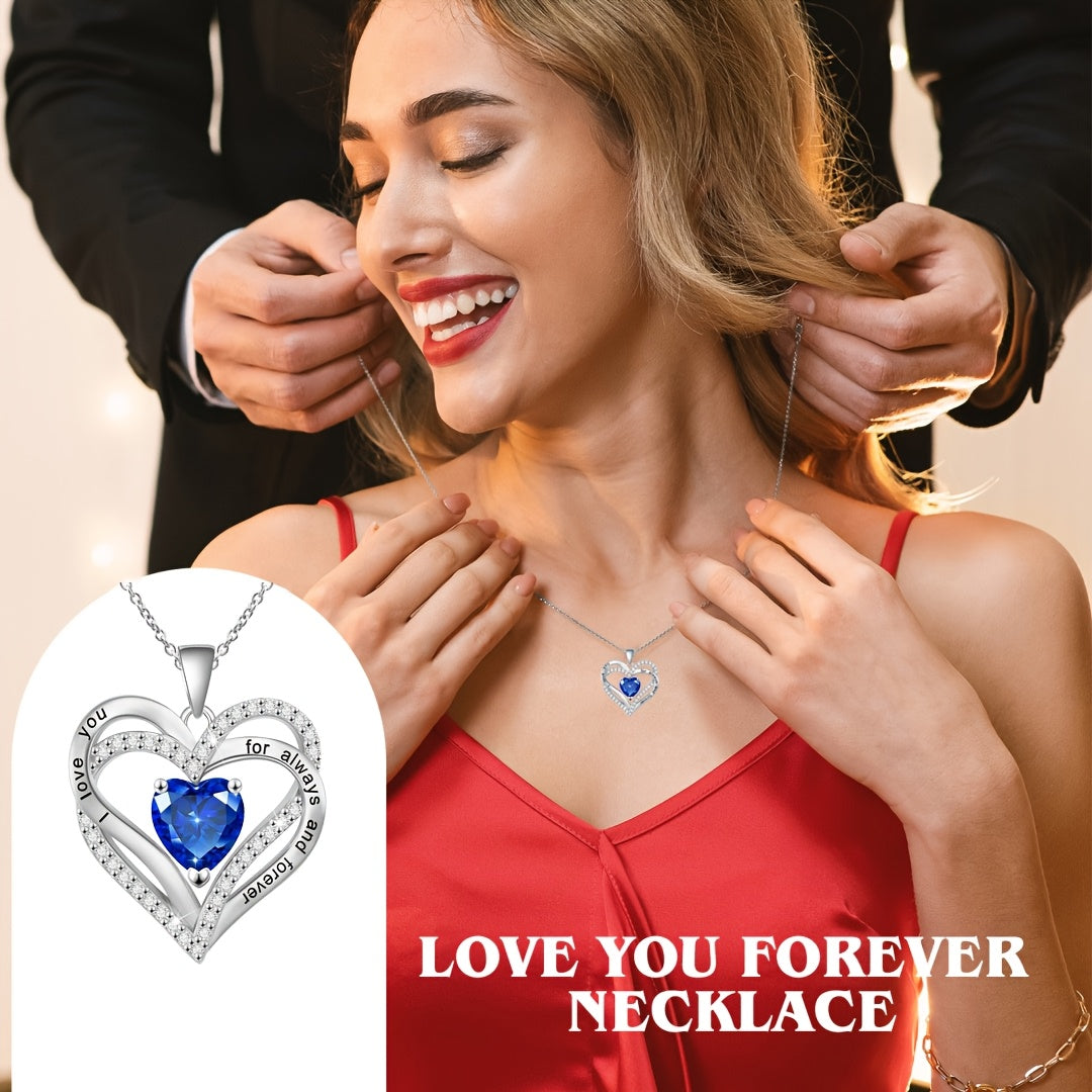 Stunning Double Heart Pendant Necklace in an Exquisite Red Apple Gift Box, Crafted with Silver Plated Copper and Synthetic Zirconia, a Versatile Piece of Jewelry Perfect for Any Occasion. Great for Gifting during Christmas, Valentine's Day, Mother's Day