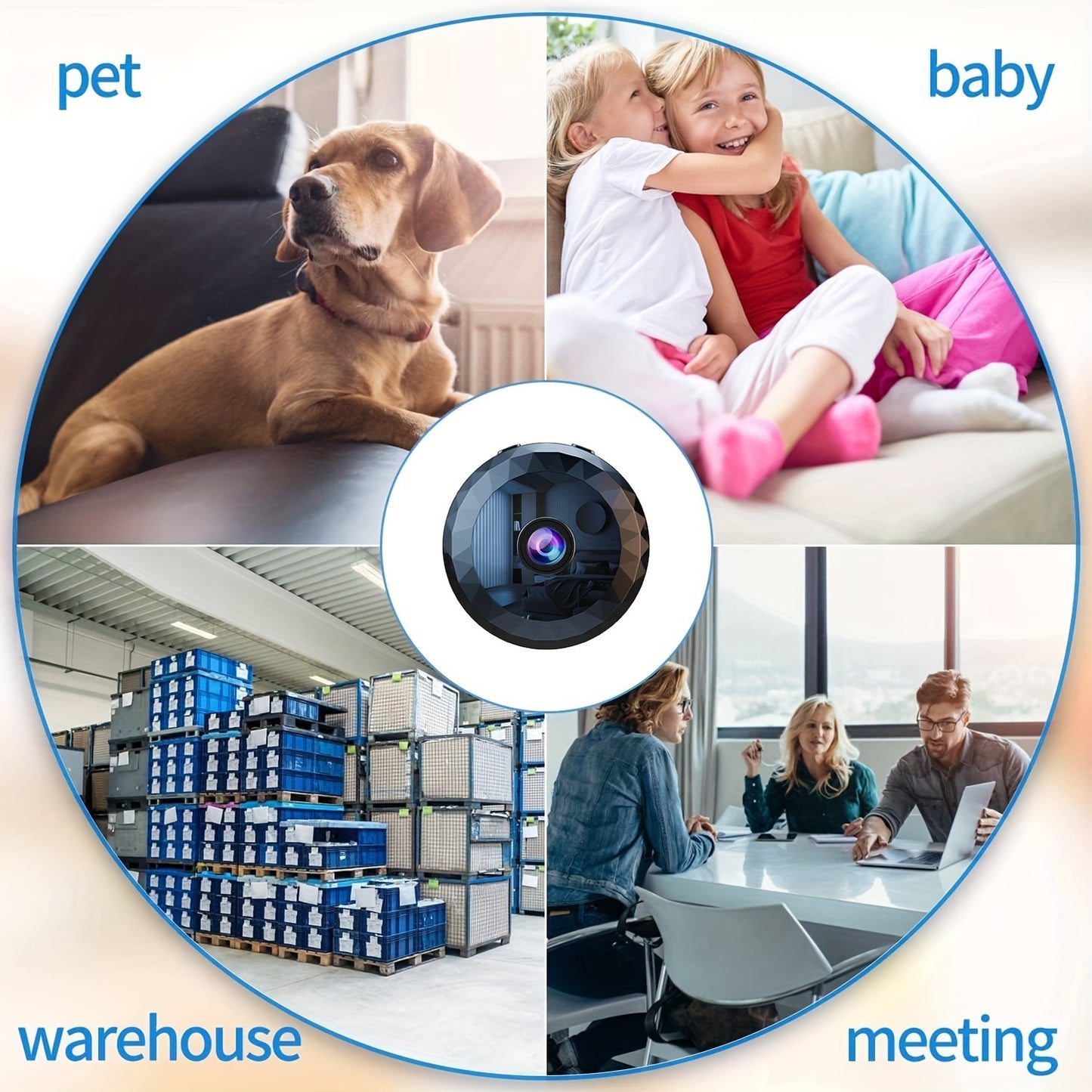 2.4Ghz Wireless Nanny Cam with HD video, Motion Detection, Night Vision, USB Powered, Rechargeable Battery, Self-Adhesive Mount, App Control, for Indoor and Outdoor use.