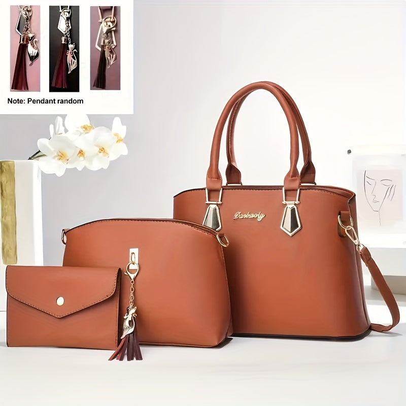 Women's elegant 3-piece handbag set with flowing tassel shoulder bag, crossbody bag, and stylish PU leather tote and sling bag. Ideal gift for festivals and work.