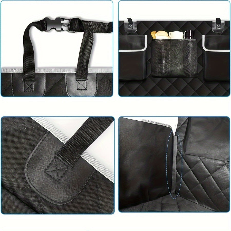 Durable waterproof pet car seat cover with storage pockets for backseat protection.