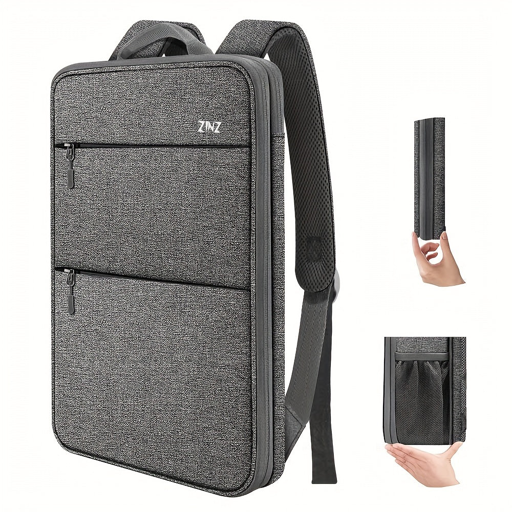 Ultra-slim laptop backpack for 35.56-40.64cm laptops, spill-resistant with durable polyester material.