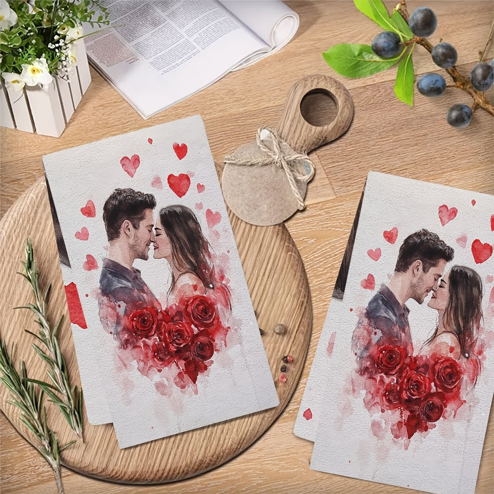 Two Romantic Valentine's Day Kitchen Towels - These ultra soft and highly absorbent polyester dish hand towels measure 40.64x60.96 cm. They feature an embracing couple and red roses design, perfect for holiday decor. These machine washable dish towels