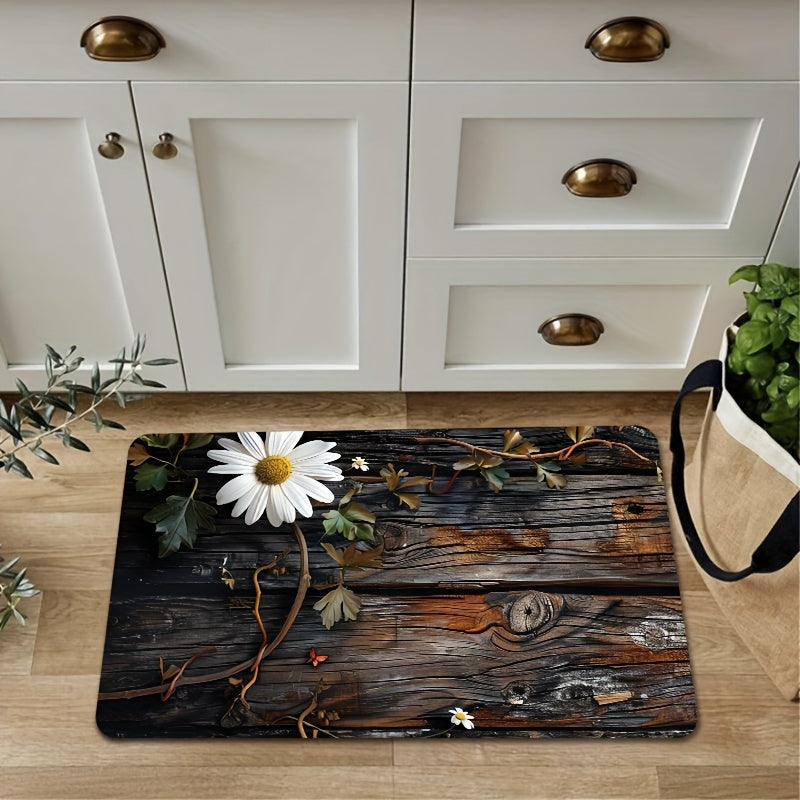 1 piece of Sponge Floor Mat with a weight of 122-483g, featuring a 8mm thickness and a retro Daisy Wood Grain Pattern design. This versatile floor mat can be used in the living room, bedroom, kitchen, bathroom, or even outdoors. It is a decorative bath