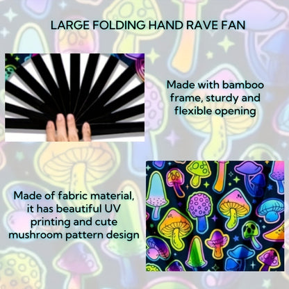 [Top Pick] Vibrant Neon Mushroom UV Glow Rave Folding Hand Fan - Large 13-Inch Bamboo Snap Fan for Men & Women, Perfect for Parties & Plant Themes - Requires No Electricity