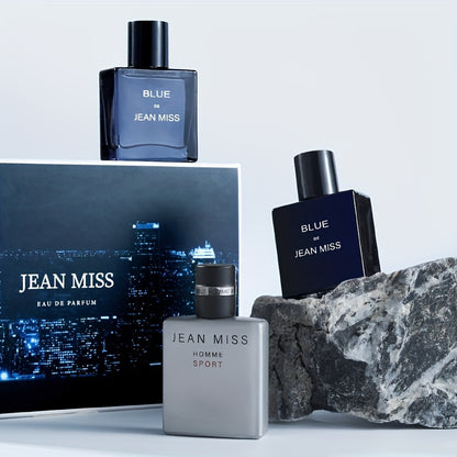 Men's perfume suit with blue cologne, wood fragrance, and lasting freshness in an authentic gift box for students.