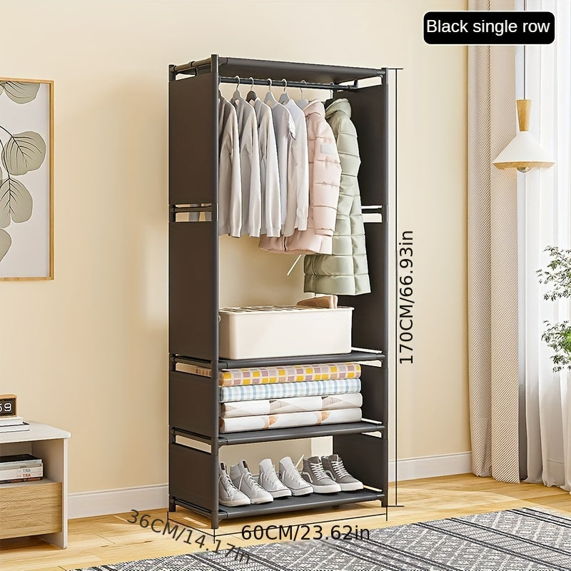 Large black metal clothes rack featuring three rows of hooks for easy organization. Simple assembly and freestanding design make it perfect for the bedroom, entryway, or boutique. Made of durable iron, this garment organizer boasts nine shelves for