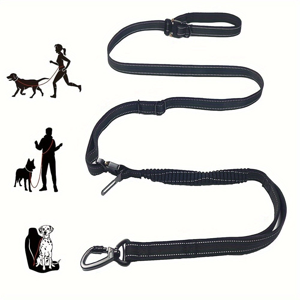 6-in-1 Hands-Free Dog Leash for Medium to Large Dogs - 3.05m, Striped Polyester, Full Metal Fittings, Safety Car Seat Belt, Shock Absorbing Bungee