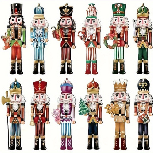 Set of 12 Nutcracker Wooden Ornaments - Traditional Christmas Decor for Parties & Home