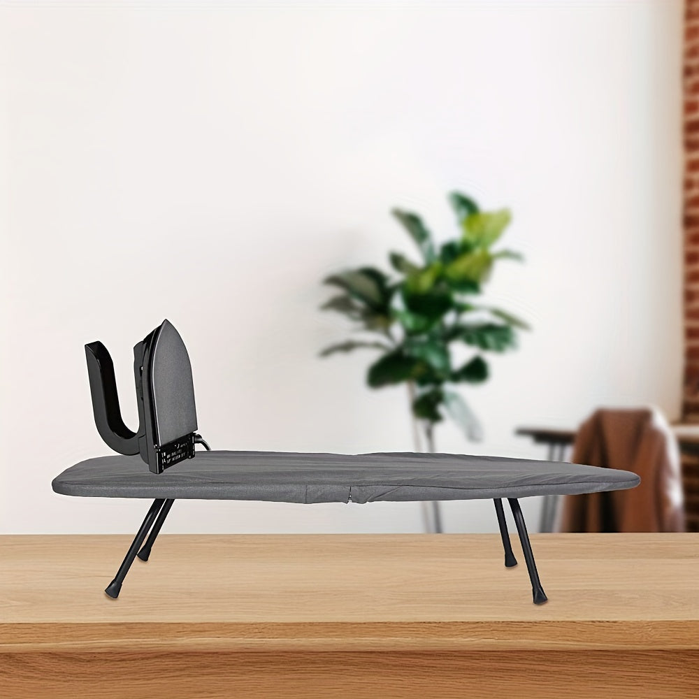 An ironing board for desktop use that is made of iron, compact, and foldable for convenient storage and transport. Features a surface made of needle cotton fabric that can withstand high temperatures, making it ideal for both home and travel use.