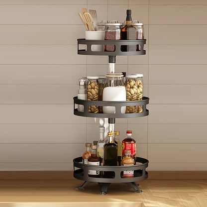 Rotating organizer for tableware, makeup, and spices to save space on countertops with non-slip design.