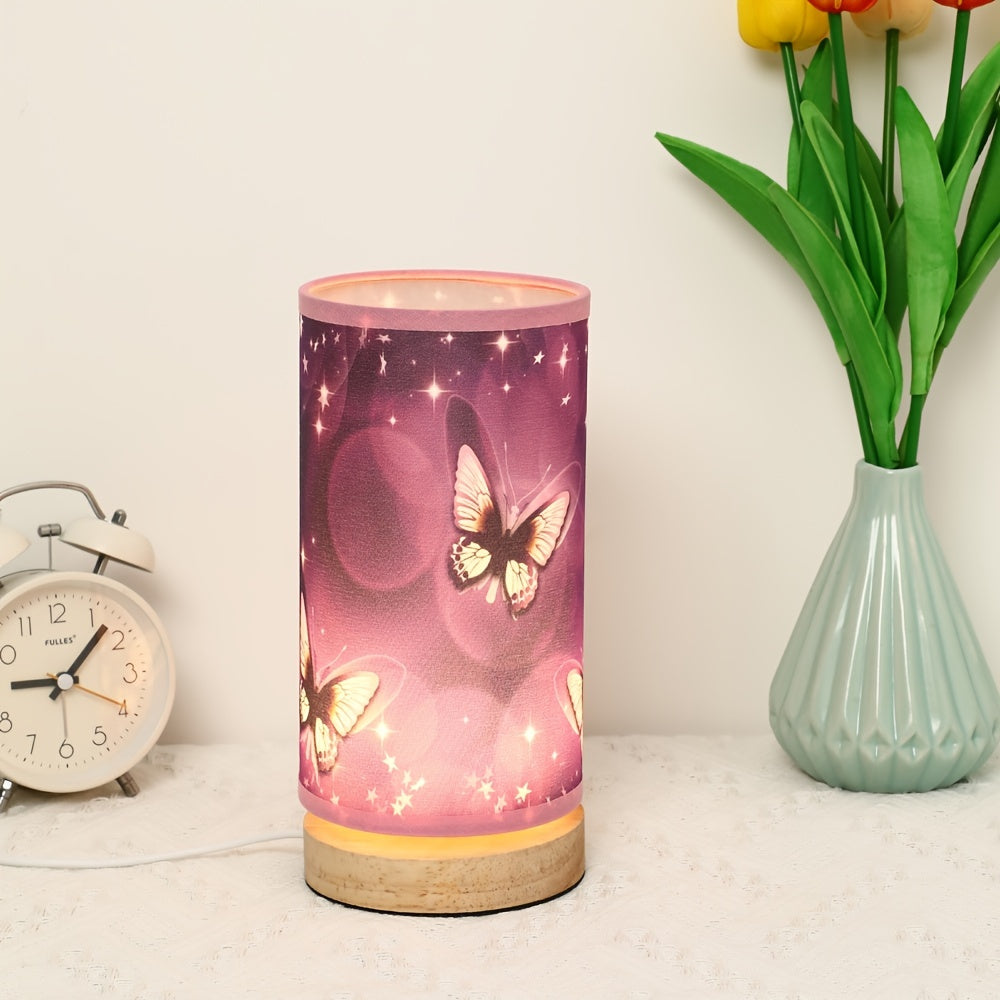 Purple butterfly table lamp with wood base - ideal for bedside or room decor.