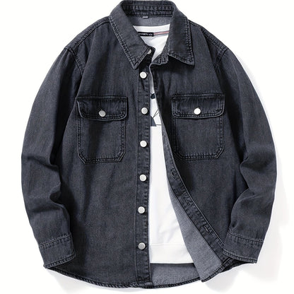 Men's casual denim shirt with lapel collar, loose fit, non-stretch fabric, and pockets. Ideal for spring/fall season.