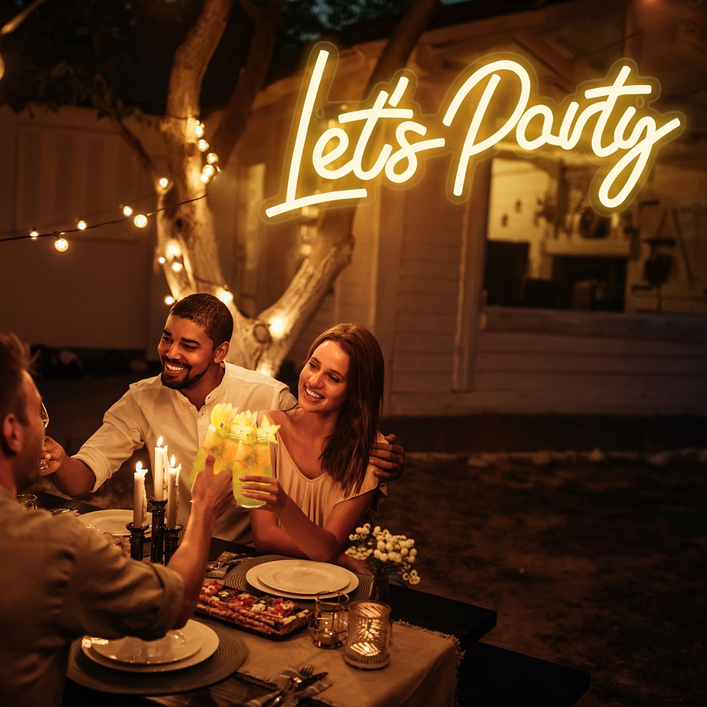 Neon 'Let's Party' sign ideal for festive wall decor in homes, offices, weddings, and holiday parties, powered by USB.