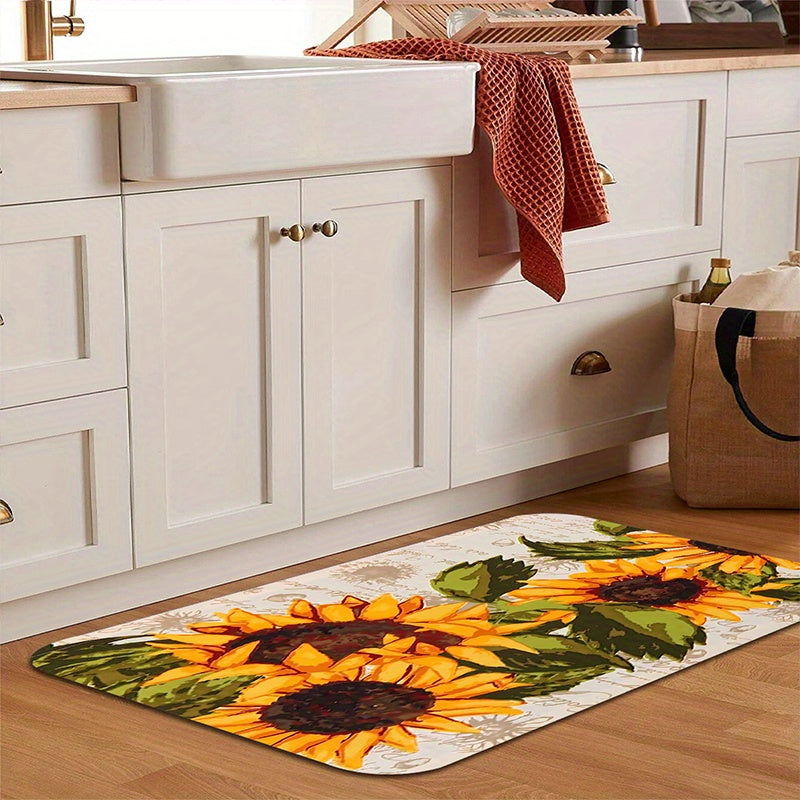 One piece Sunflower Print Kitchen Floor Rug designed to resist dirt and water, machine washable for easy cleaning. Can be used as an Entrance Doormat, Kitchen and Living Room Carpet, or Laundry and Bathroom Water-absorbing Floor Carpet.