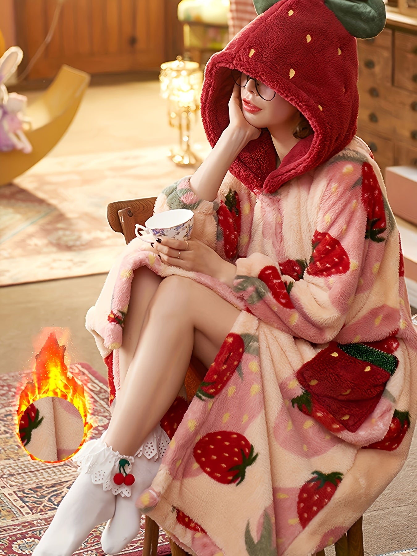 Women's cozy strawberry print bathrobe made of 100% polyester coral fleece, loose-fit, cute fruit and vegetable pattern, machine washable, perfect for fall/winter.