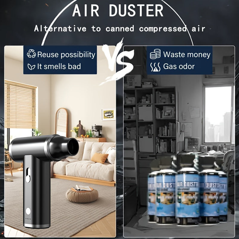 Versatile Air Purifier with 110000 RPM Compressed Air Cleaning, ideal for use with PC, car, home, and office. Tankless design with USB rechargeable 4000mAh lithium battery, metal construction, key control, and 80W power for both indoor and outdoor use.