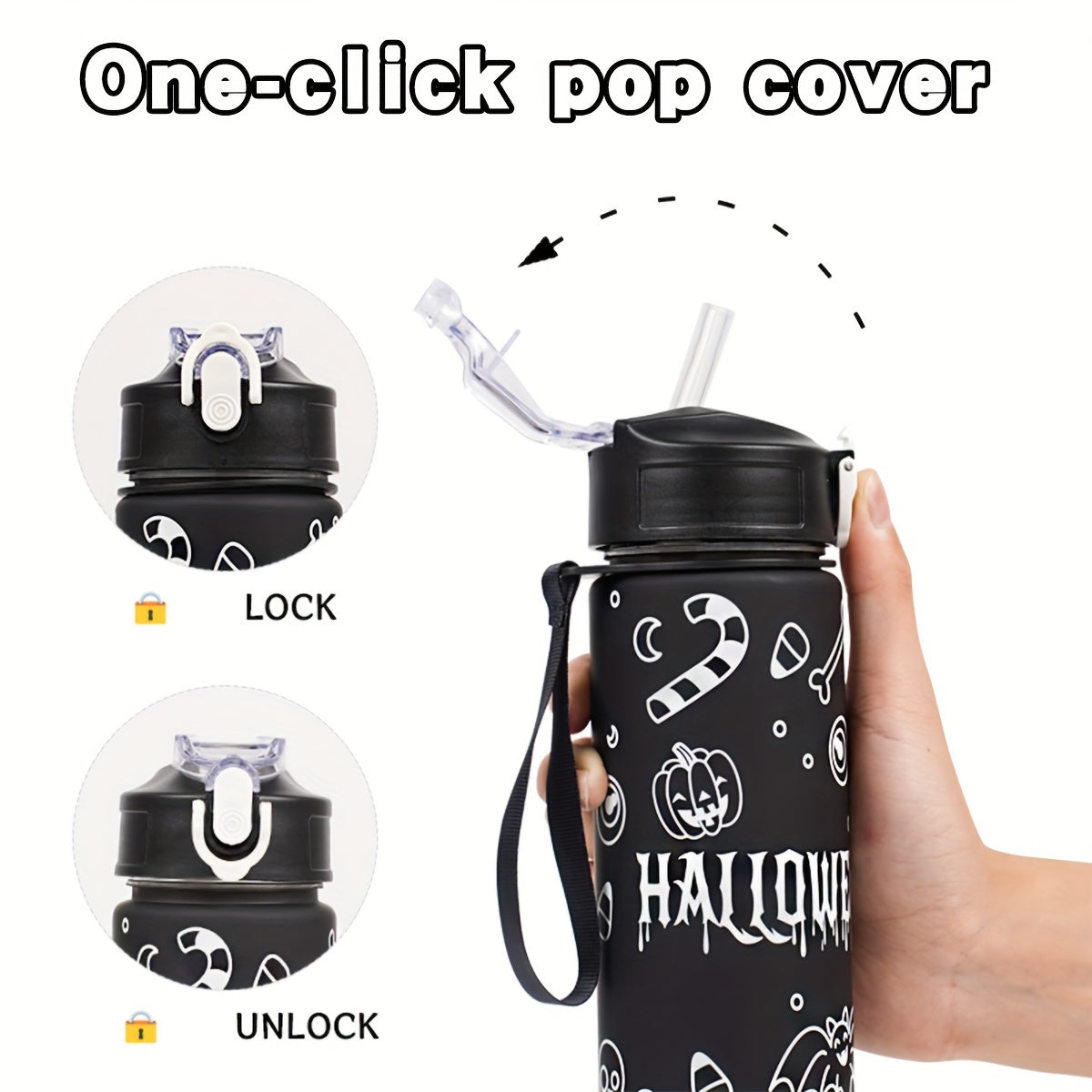 Halloween-themed water bottle set with 2000ml, 800ml, and 300ml cups, or 750ml individual cup for outdoor sports. Featuring fun Halloween prints. Ideal for the summer season. A must-have for Halloween enthusiasts.