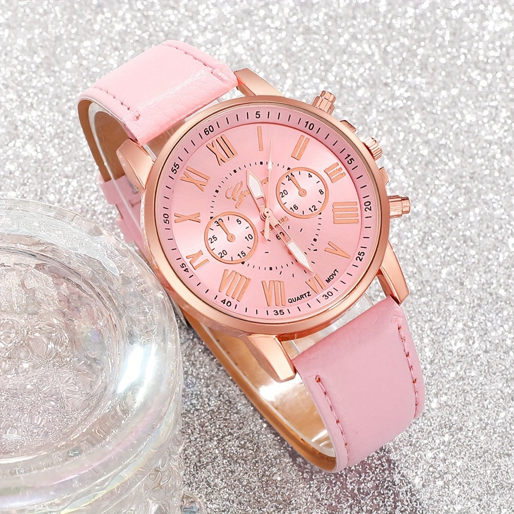 6pcs women's quartz watch set with fashionable round dial and Roman numerals. PU leather strap, zinc alloy case. Ideal gift for elegant ladies. Non-rechargeable battery included. Suitable