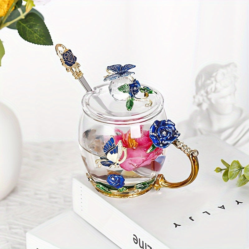 Rose enamel crystal tea cup featuring butterfly and rose design, heat resistant for coffee and water, perfect gift.