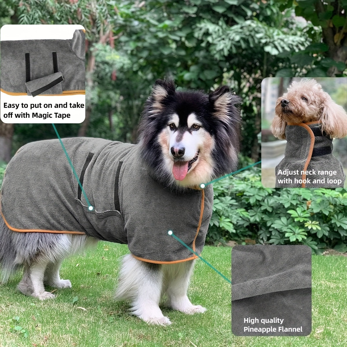 Highly absorbent pet bath towel for dogs, plush microfiber grooming robe, soft cleaning cloth.