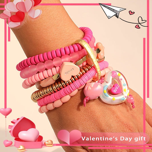 This Pink Bohemian Style Resin Bead Heart KISS Pendant Bracelet is versatile and ideal for women's Valentine's Day fashion jewelry. It is suitable for both everyday wear and festive occasions, making it the perfect accessory for all seasons.