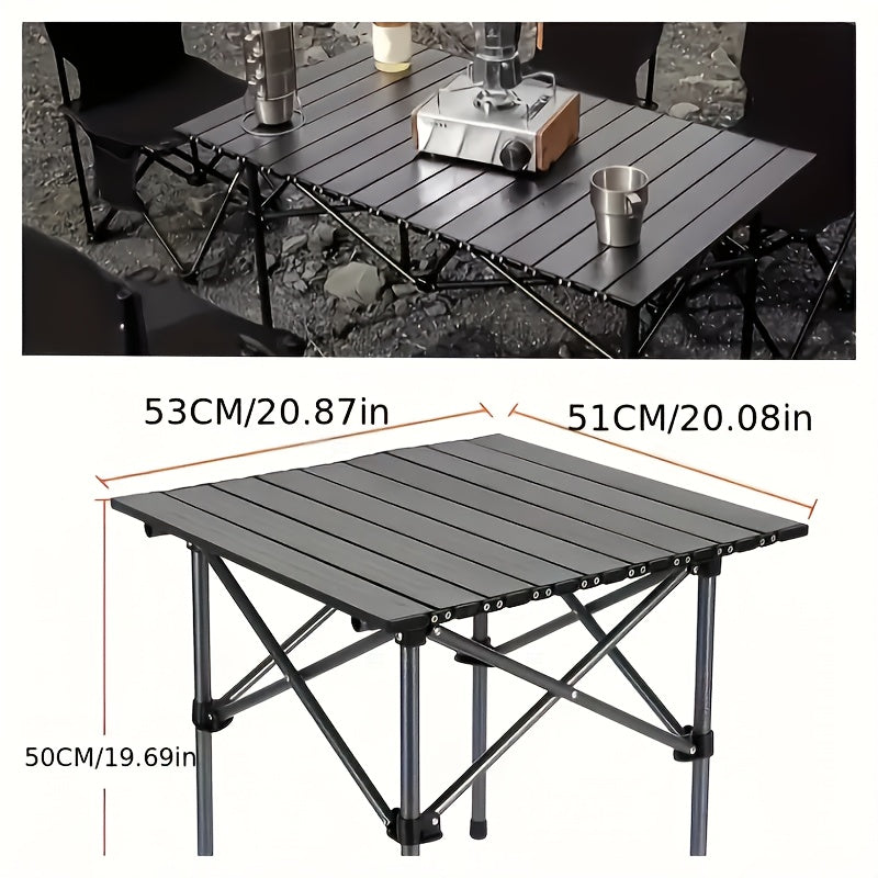 Compact and easy-to-carry portable stainless steel folding table for camping, barbecuing, and outdoor picnics.