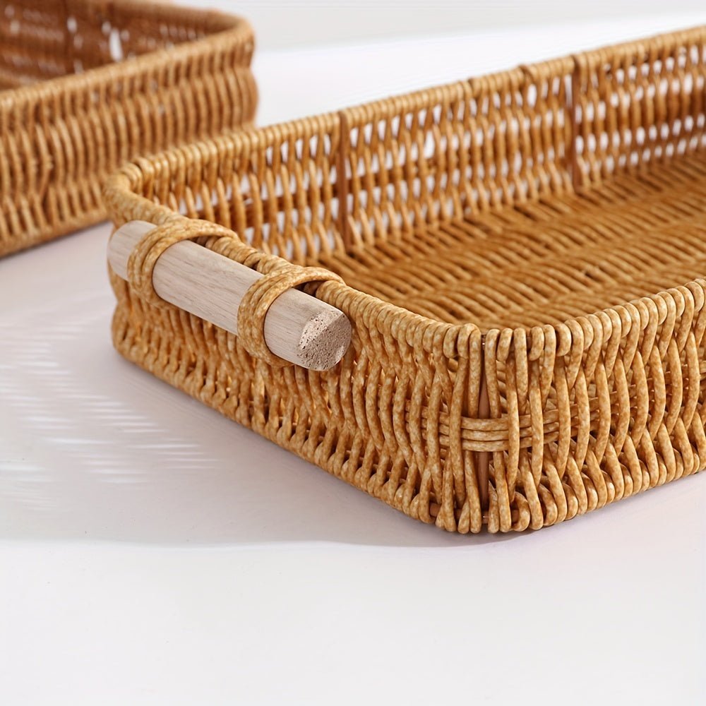 1 piece Woven Rattan Storage Basket with Wooden Handles, Modern Rectangular Tray, Stackable, for Various Uses in Home or Hotel.