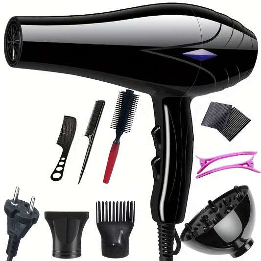 1200W hair dryer with concentrator nozzle in black & pink with non-folding handle, brush motor, 1.5-3m cable, and EU plug. Includes various styling attachments.