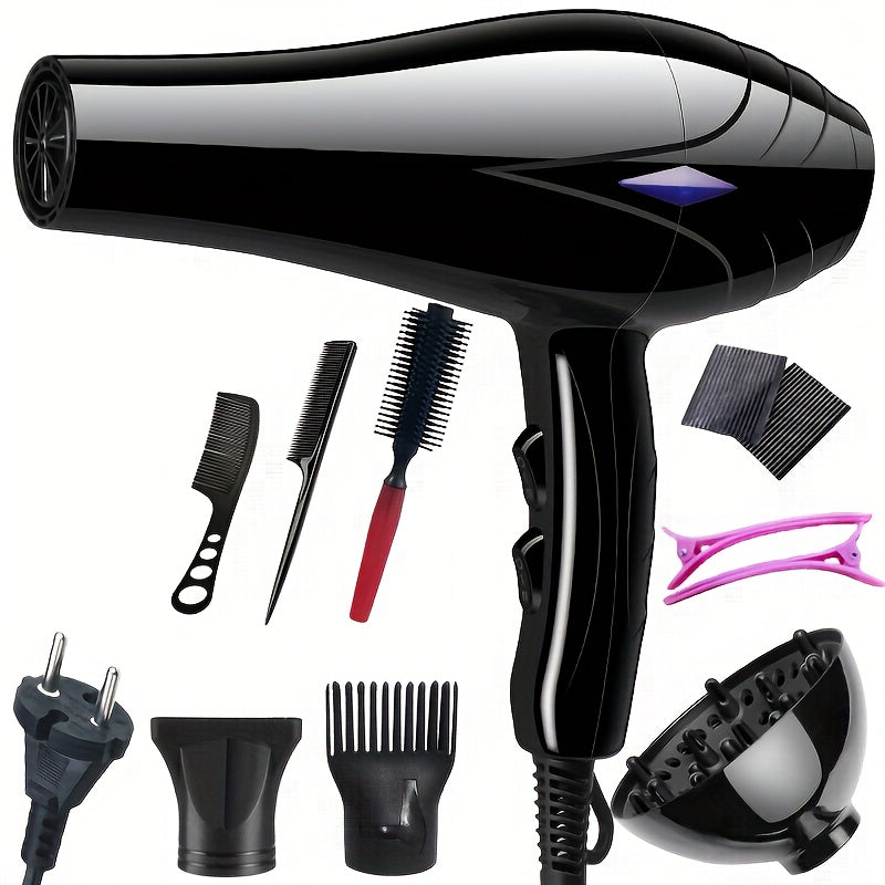 High-power salon blow dryer with diffuser, nozzles, and styling accessories.