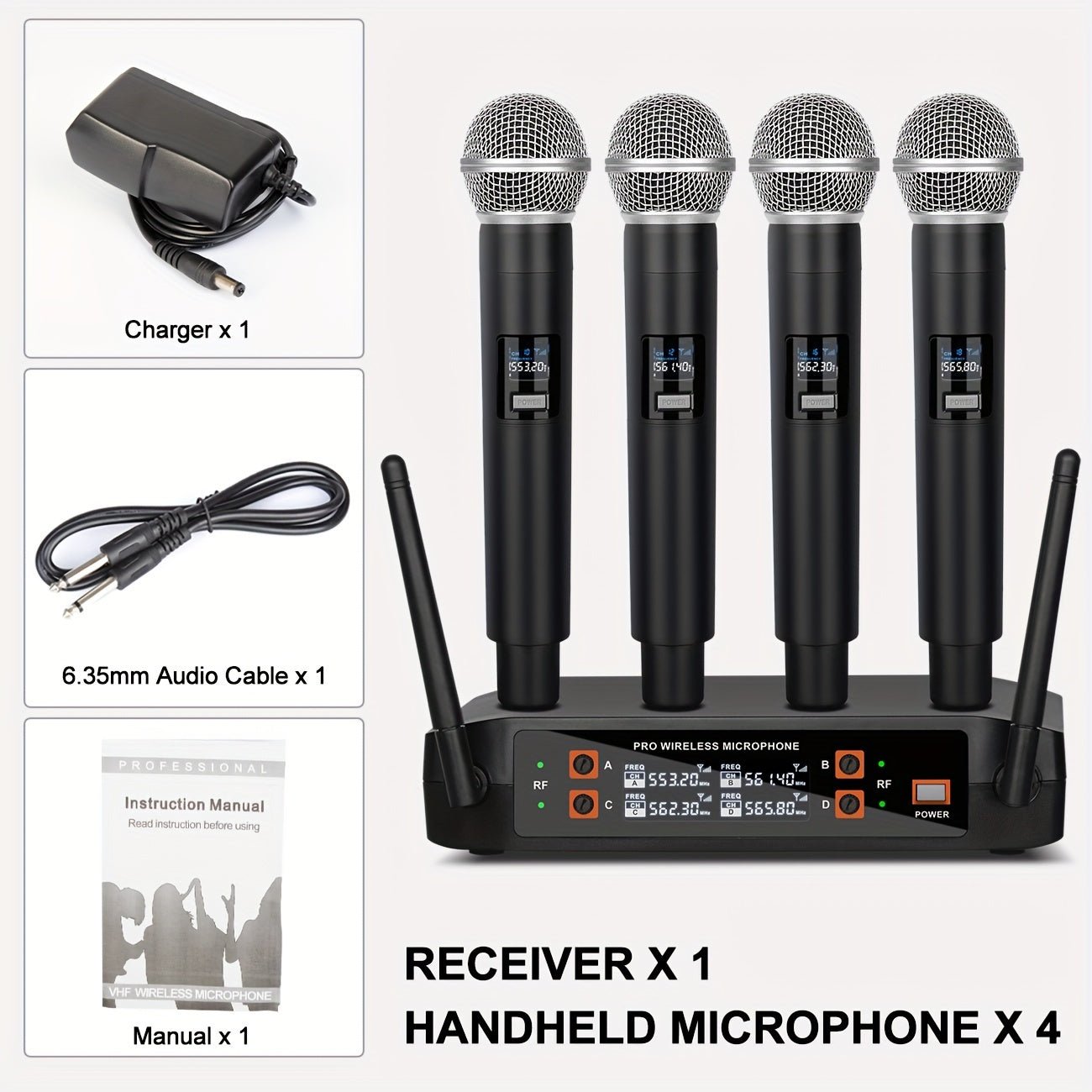 DEPSUHENG DX4 Professional Microphone System - 4-channel handheld karaoke set with battery indicator and 6.35mm jack for various uses.