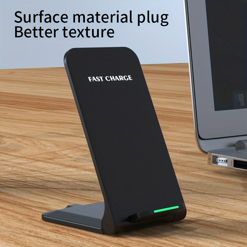 Features include 15W fast charging for iPhones and Samsung Galaxy devices, dual coil wireless charging stand with USB Type-C connector, compatible with various models, and charging