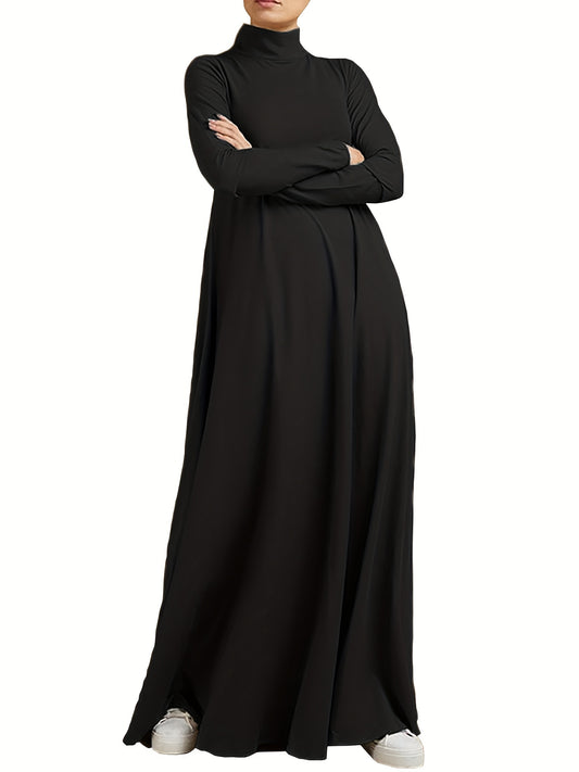 Ramadan Long Sleeve Kaftan Dress with Solid Color, Turtle Neck Maxi Length Casual Women's Clothing.