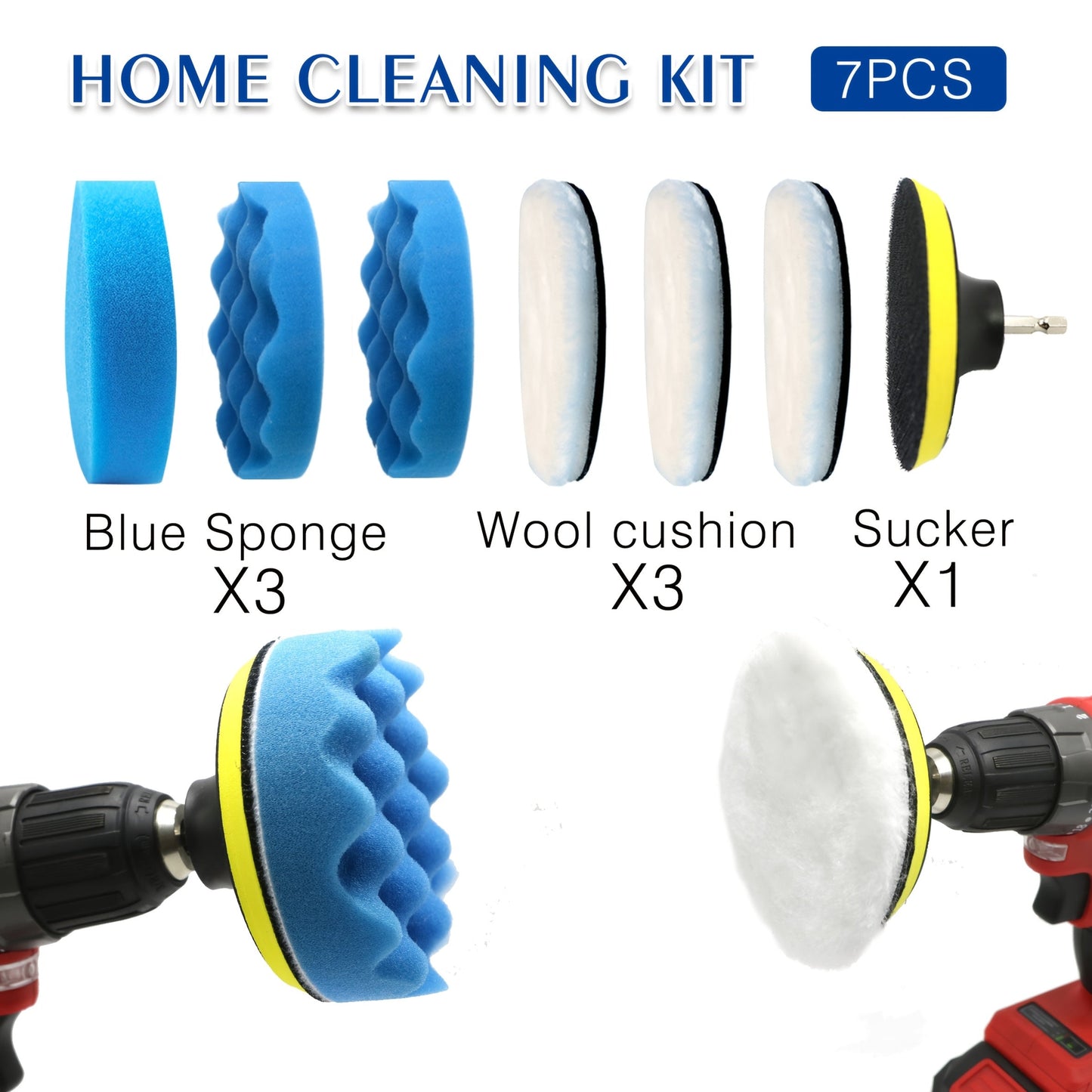 This kit includes a car polishing sponge pad and wool cap pad, designed for use with household electric drills and automatic polishing machines. It also includes suction cup drill bits for cleaning, waxing, dust removal, and polishing your vehicle.