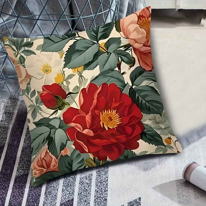 This double-sided, zippered polyester cushion case features a chic French-inspired floral design. The cover is vibrant, machine washable, and soft & cozy for home decor. Does not include insert.