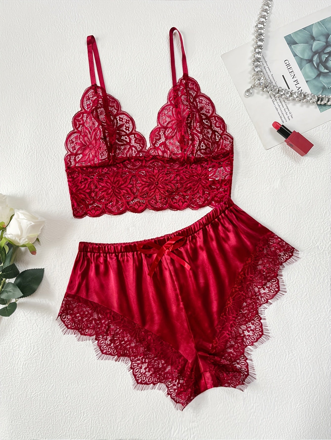 Lace lingerie set with cami top bra, shorts, perfect for women's sexy underwear.