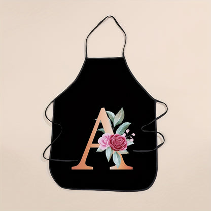 Women's flower and letter printed polyester apron - waterproof, thickened, and cute for household and kitchen use.