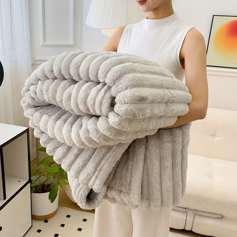 Bohemian Style White Rabbit Fur Imitation Shawl Blanket - Luxuriously Soft and Warm, Perfect for All Seasons. Made of 100% Polyester, 350-400 gsm Knit Fabric for Easy Care. Great for Sofa, Bed, Office, or Travel. A Versatile and Thoughtful Gift for Any