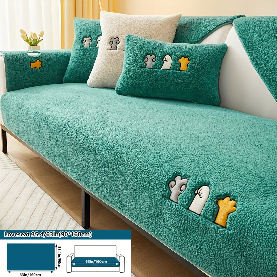 Luxurious faux lamb plush sofa cover for winter, pet-friendly and machine washable. Provides scratch protection and fits single to four-seater sofas, bedroom, and cushion.