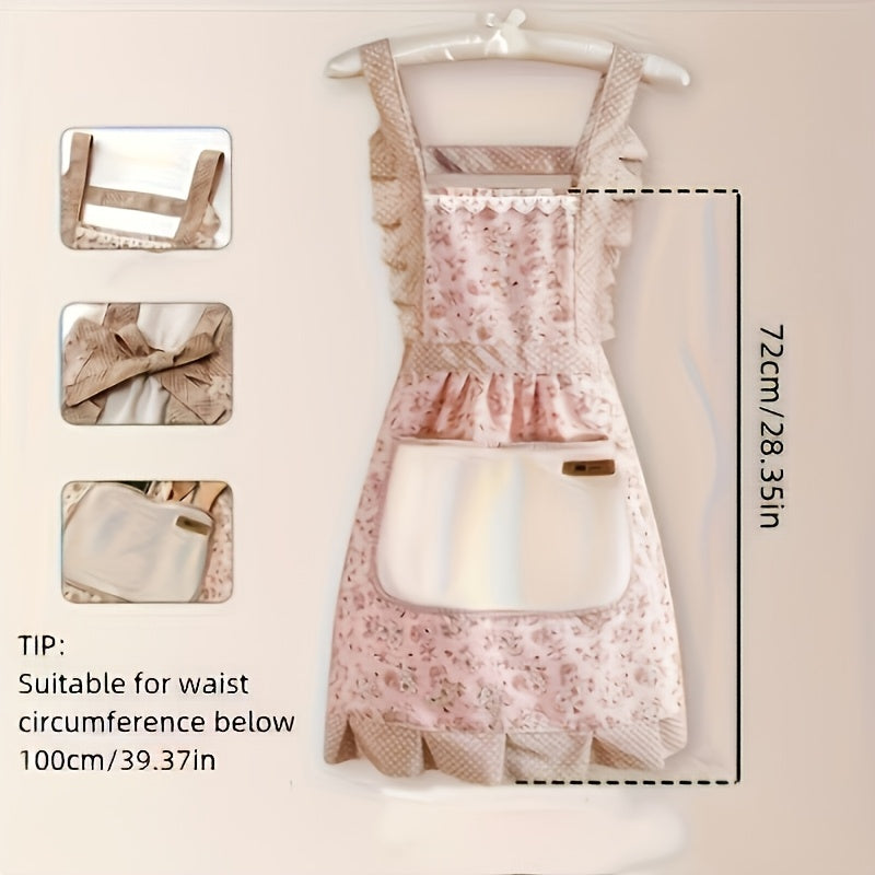 Waterproof floral lace apron with towel pocket; ideal for kitchen, living room, and bathroom.