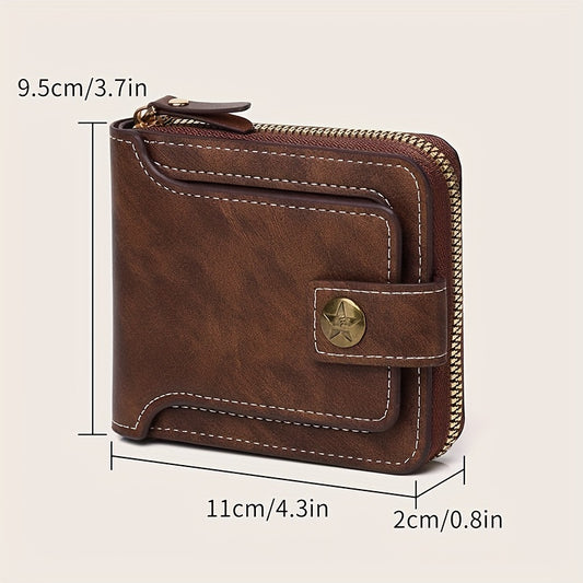 Men's small PU zipper bag with button decoration, credit card holder, and bifold design.