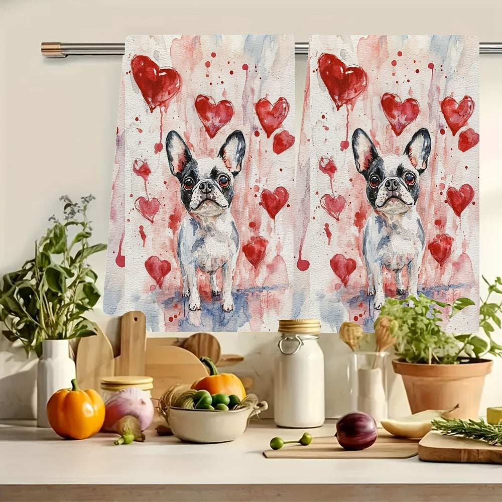 Two pieces of ultra soft kitchen towels featuring an adorable French Bulldog and heart design. These towels are highly absorbent and quick-drying, making them perfect for Valentine's Day decor. They are machine washable and measure 40.64x60.96 cm.