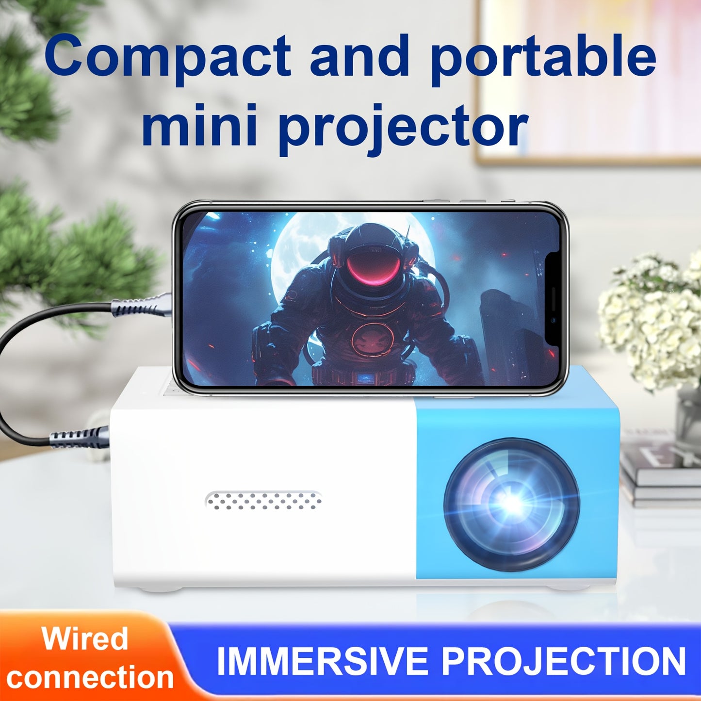 ZRZTM YG300-EU Mini Projector - Fast focus, LED display, 30,000 hour playtime, speakers, and remote. Portable for home cinema, movies, and compatible with Android/Windows/TV Stick via USB