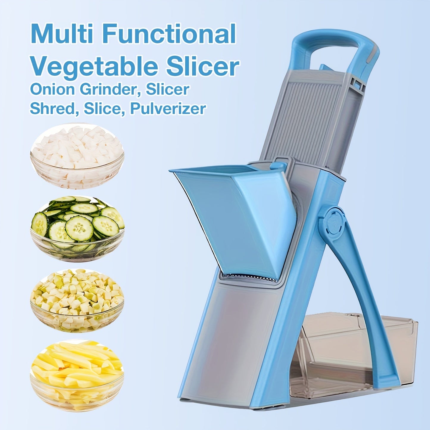 Vegetable slicer with stainless steel blades, ABS food chopper and dicer, large capacity mandoline cutter for fruits and vegetables, no electricity required.