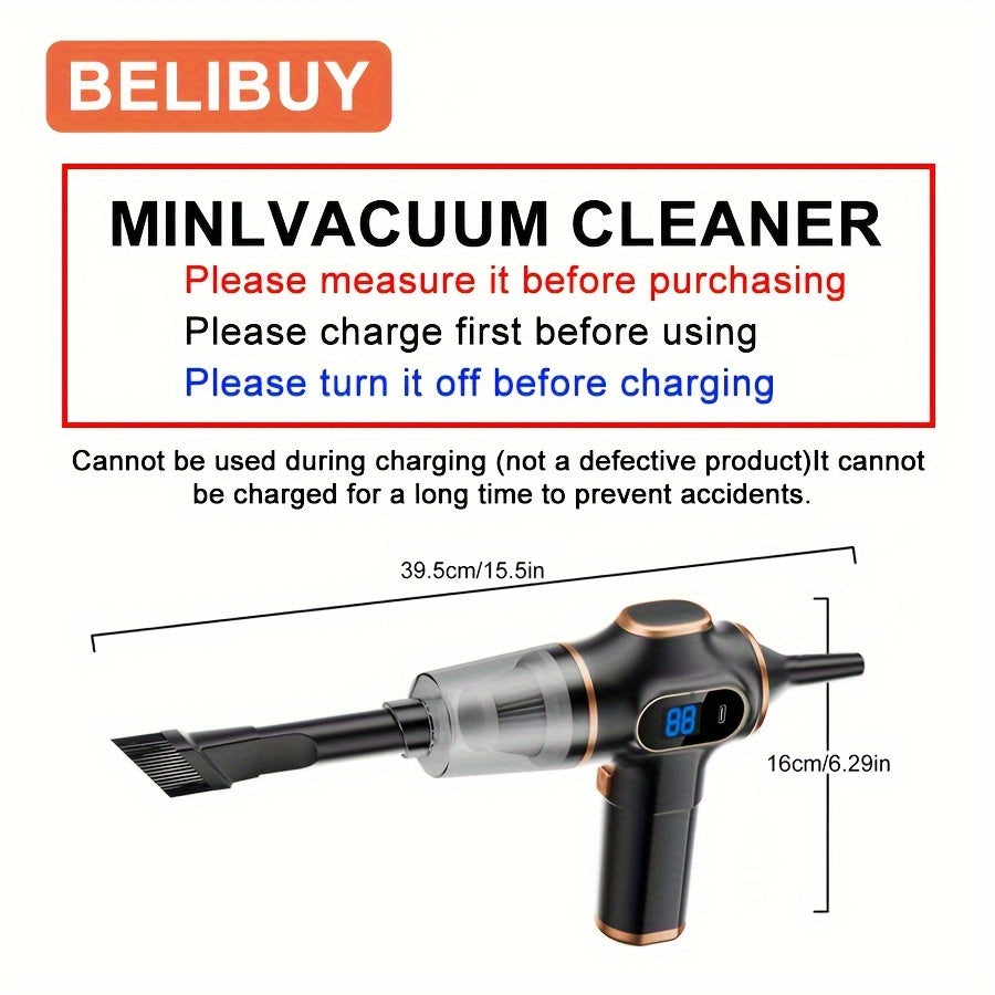 The Belibuy Cordless Handheld Vacuum Cleaner is perfect for your home and car cleaning needs. With powerful suction, it easily removes pet hair and debris. It is USB rechargeable with a 2000mAh lithium battery, ensuring long-lasting performance. The