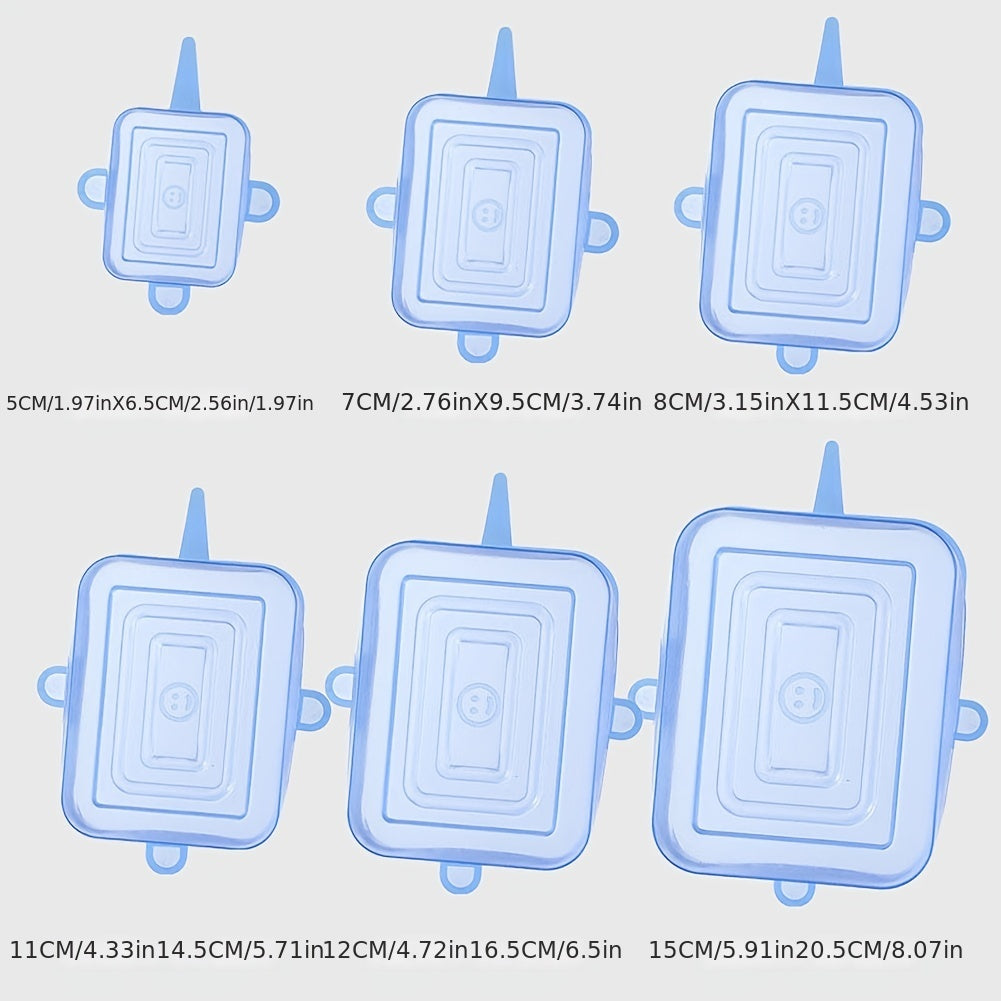 Set of 6 silicone stretch lids, designed to be washable and reusable. They fit a variety of sizes of food containers, serving as bowl covers and providing a tight seal.