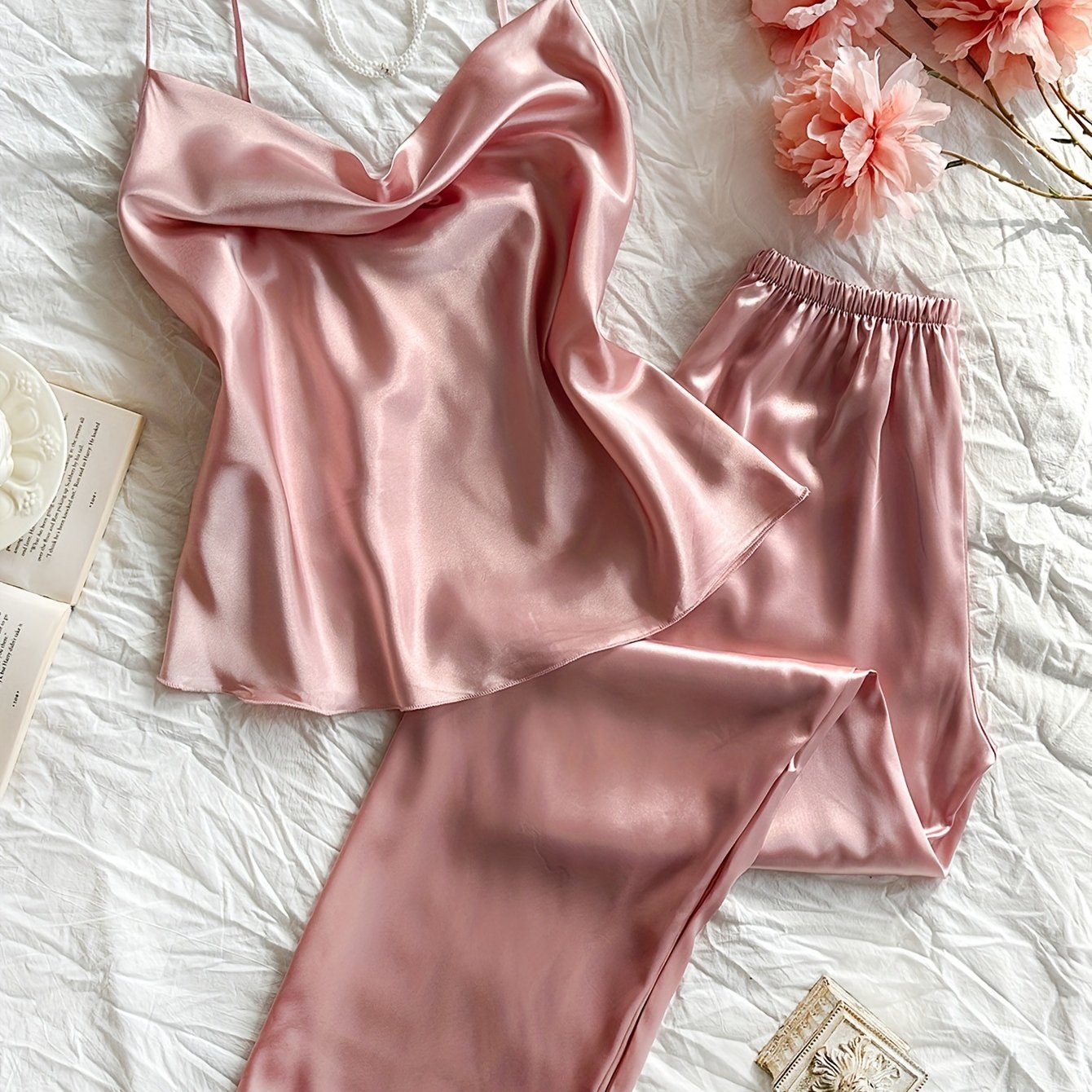 Solid satin pajama set with a sexy cowl neck, backless cami top, and relaxed fit pants for women.